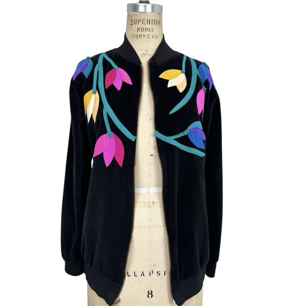 Vintage Ella Manfredi Women's Velour Track Jacket Small Black Floral Grandma 90s